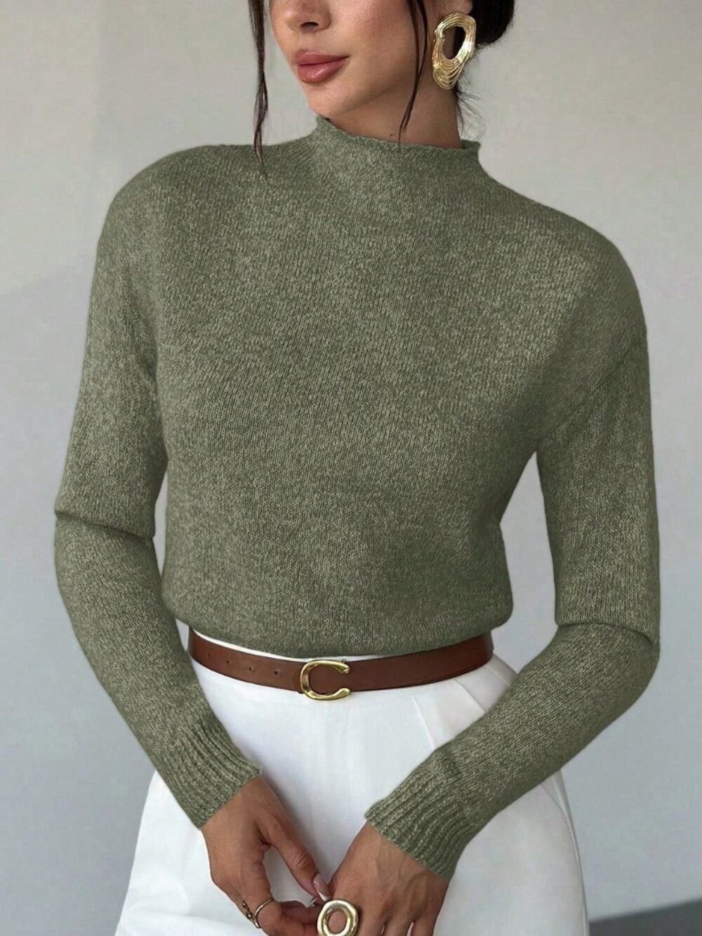 Olive Green Women's Rib Knit Regular Fit Pullovers